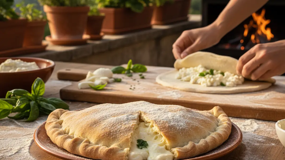 Dichtvouwen van pizzadeeg met ricotta en mozzarella vulling