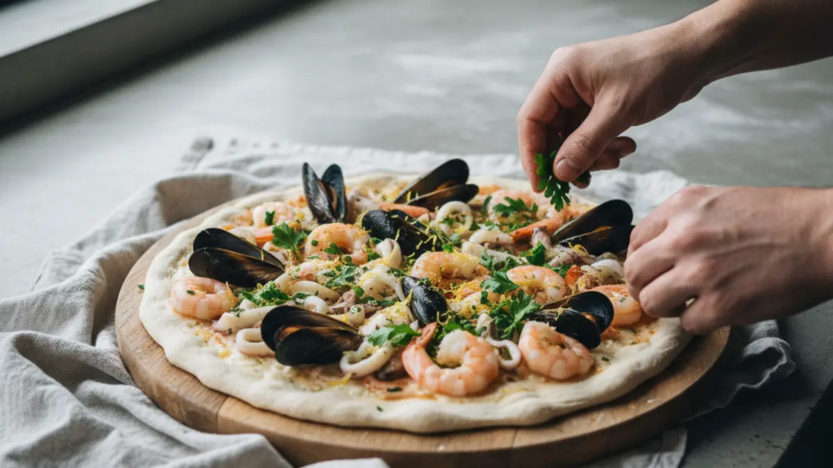 Versgebakken pizza met mosselen, garnalen en citroenrasp op een stenen ondergrond