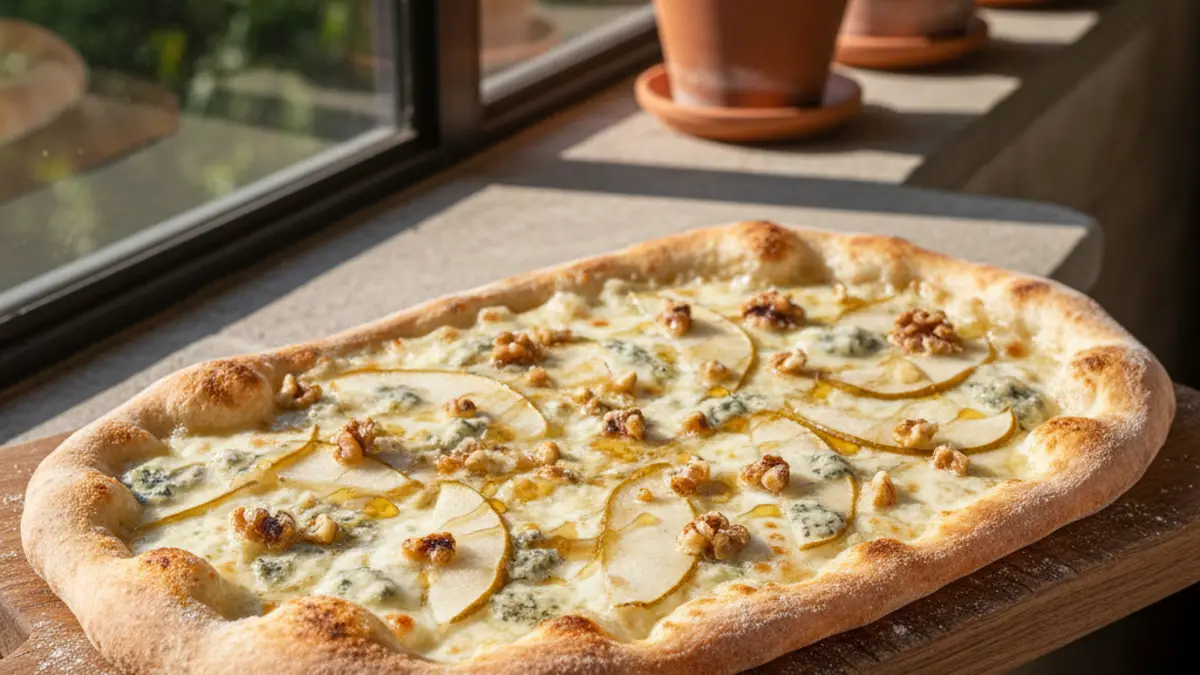 Versgebakken pizza met gorgonzola, dunne partjes peer en walnoten op een houten plank