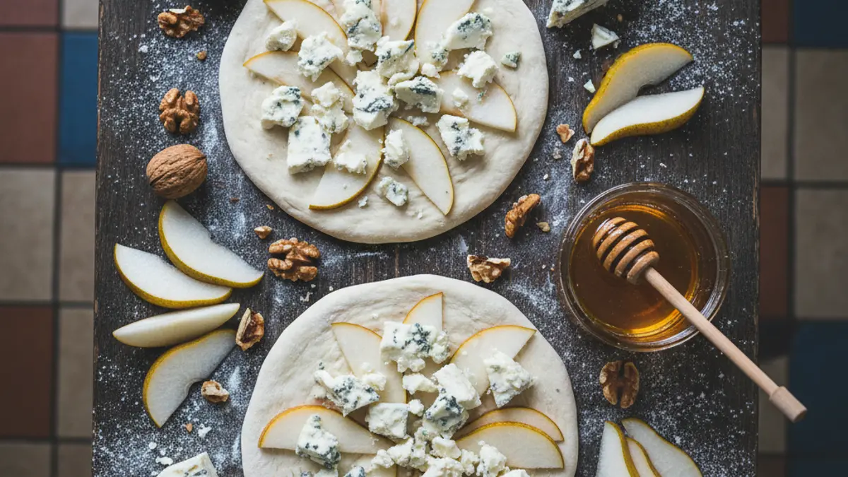 Ingrediënten voor pizza met gorgonzola en peer netjes klaargezet op tafel