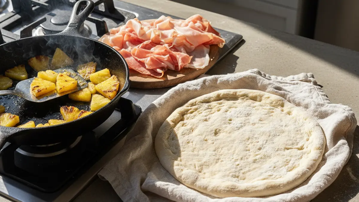 Gegrilde ananasblokjes in een pan voor pizza hawaii