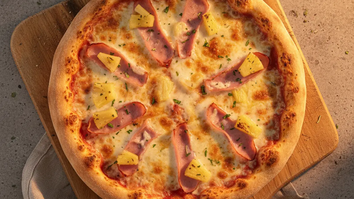 Vers gebakken pizza hawaii met ham en ananas op een houten serveerplank