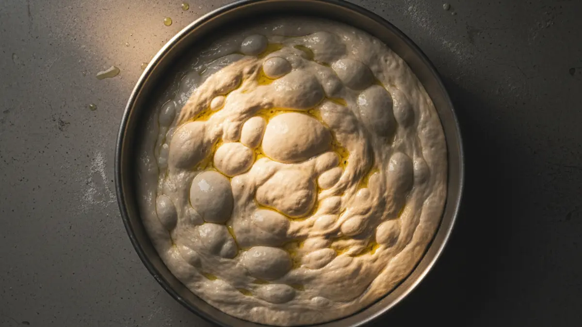 Luchtig deeg voor pizza in teglia in een geolied bakblik