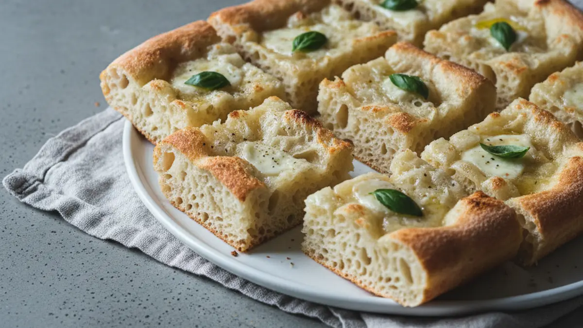 Gebakken pizza in teglia in vierkante stukken gesneden
