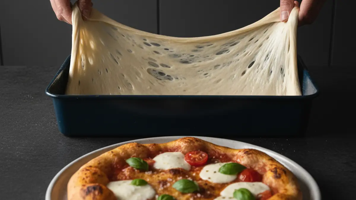 Deeg voor pizza in teglia in een blauwstalen bakblik
