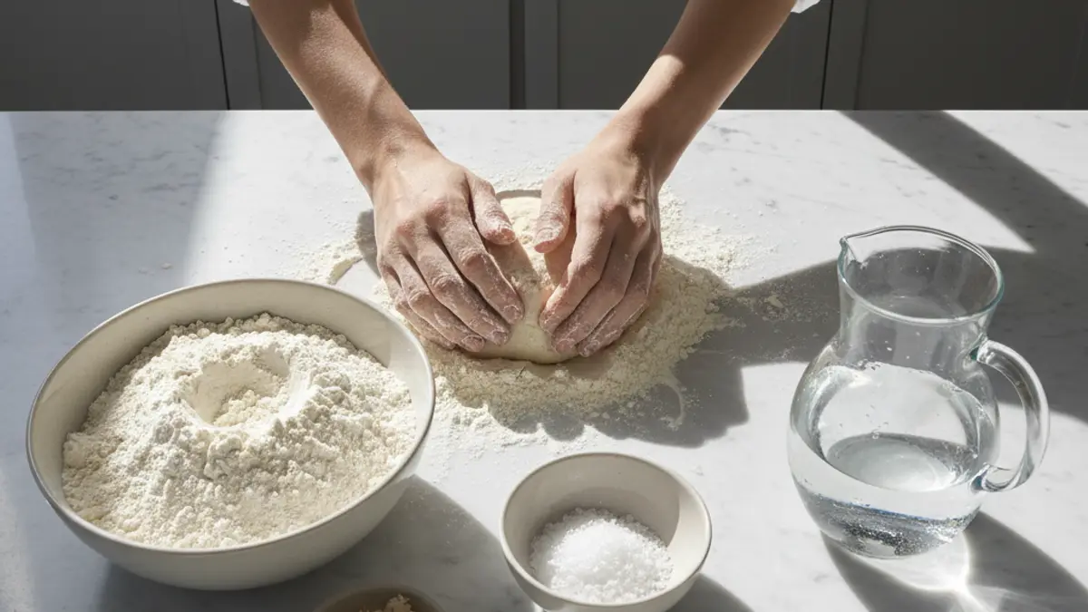 Basis ingrediënten voor pizzadeeg op een houten werkblad