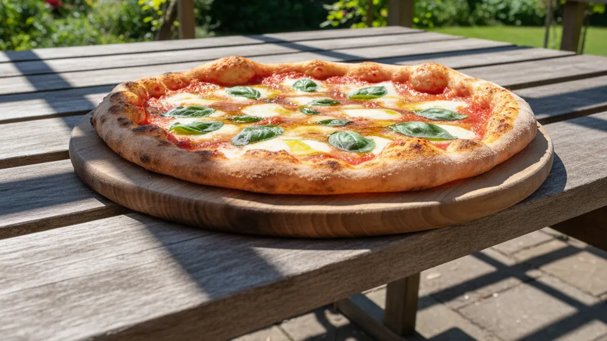 Gebakken pizza afgewerkt met verse basilicumblaadjes en olijfolie