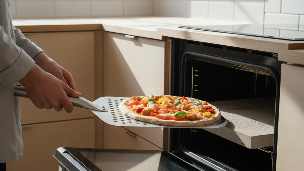 Pizza met kip en paprika die met een pizzaschep op een hete ovensteen wordt geschoven