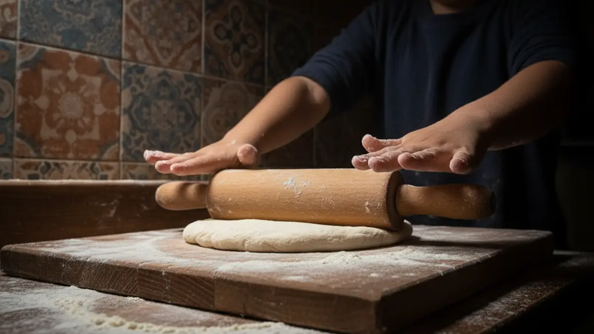 Kind rolt klein pizzadeeg uit op een houten plank