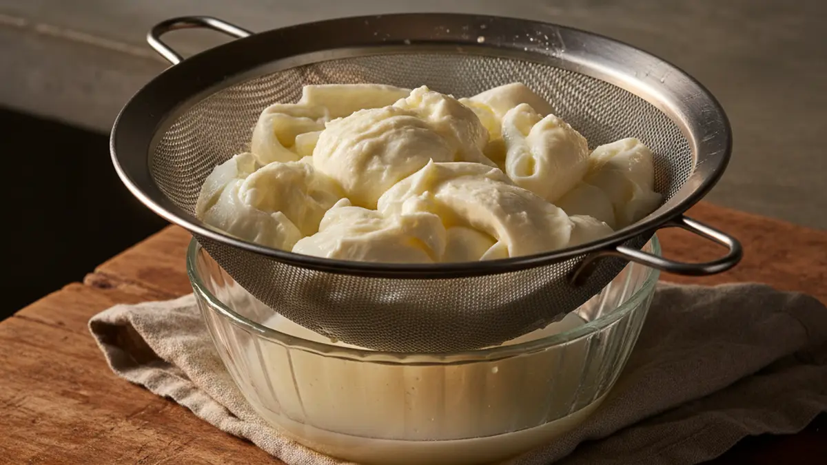 Buffelmozzarella uitlekken in een zeef
