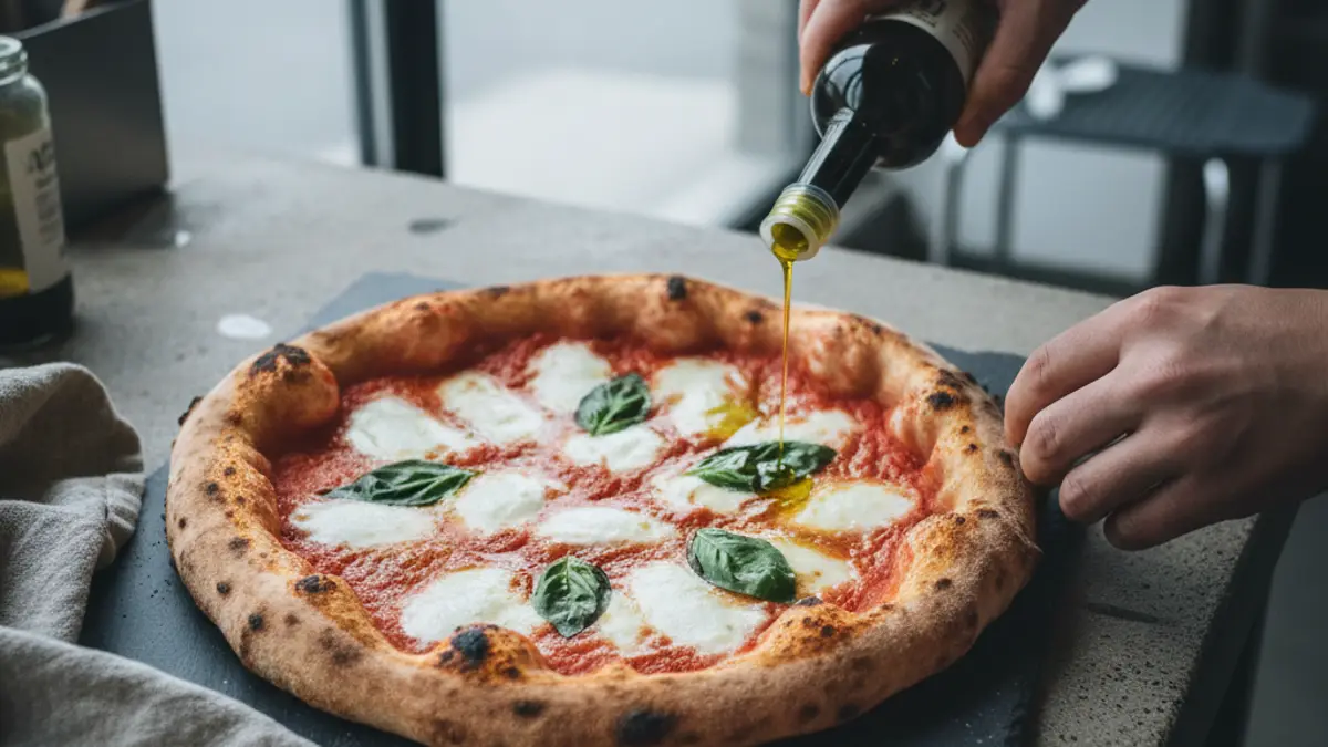 Gebakken pizza margherita met buffelmozzarella en basilicum