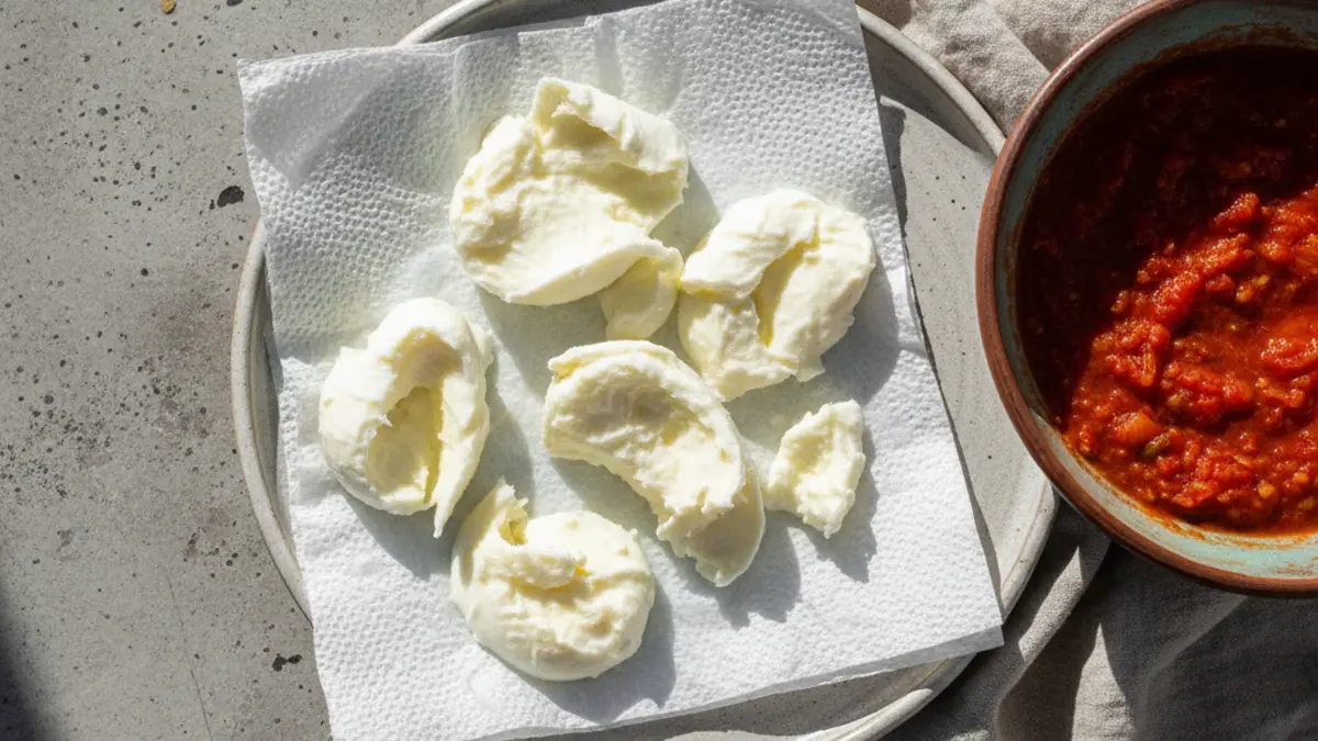 Uitgelekte stukjes mozzarella op keukenpapier