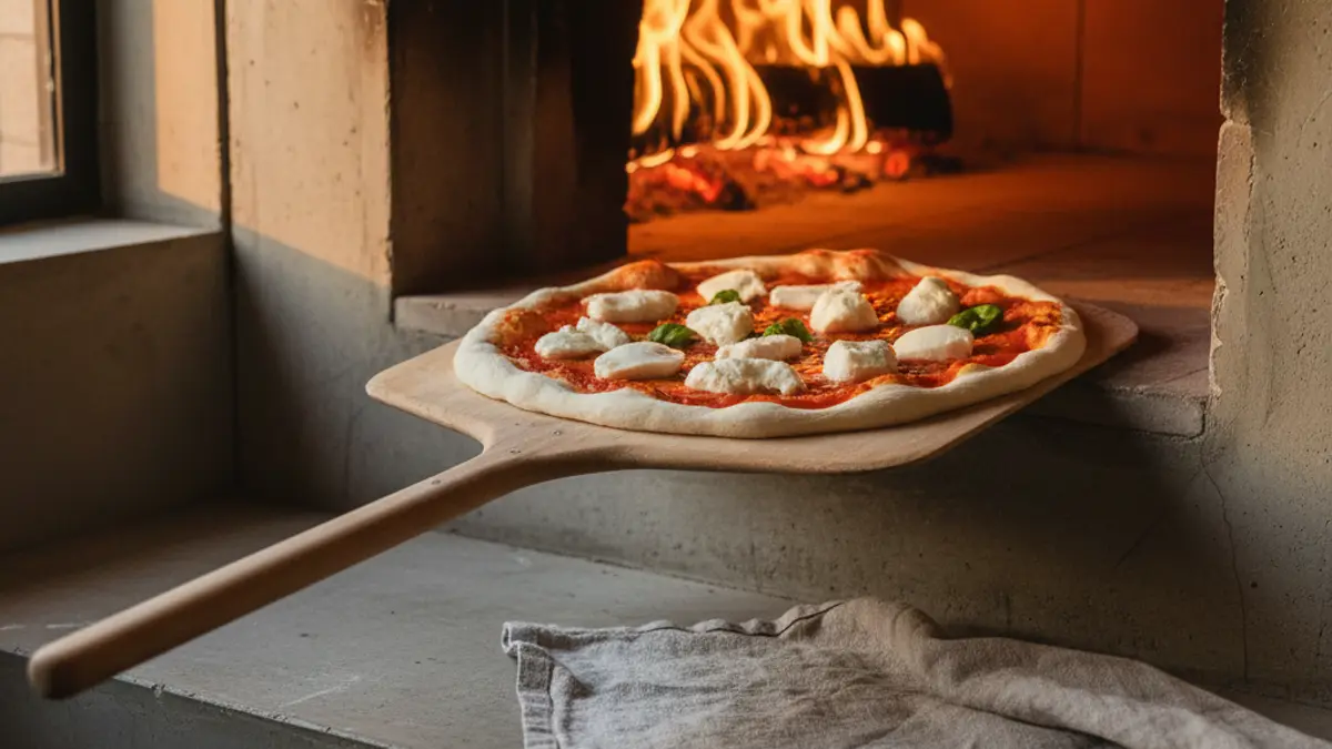 Pizza margherita inschieten met een pizzaschep in de oven