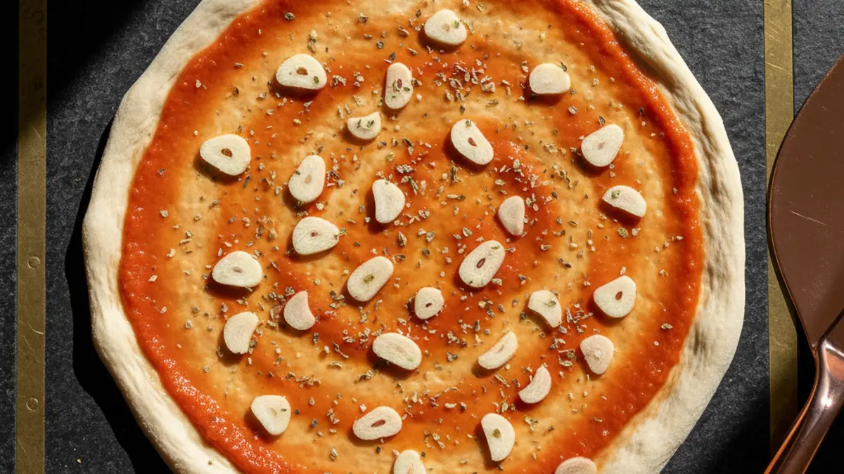 Ongebakken pizza marinara met tomatensaus, knoflookschijfjes en oregano