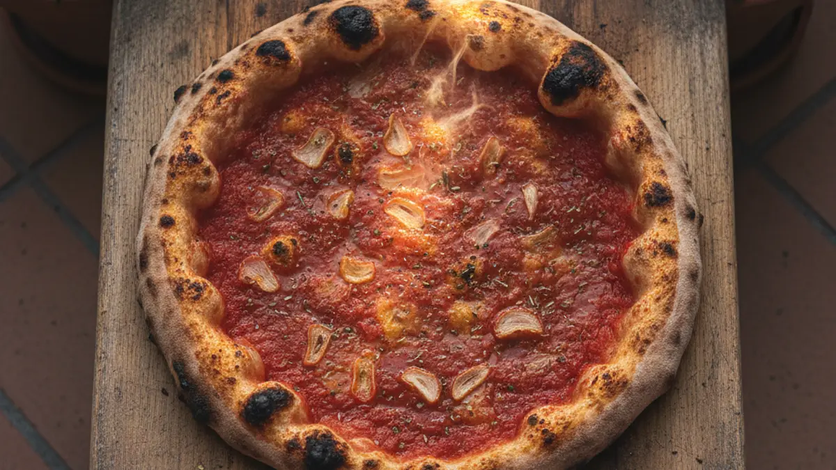 Versgebakken pizza marinara met krokante korst en glanzende tomatensaus