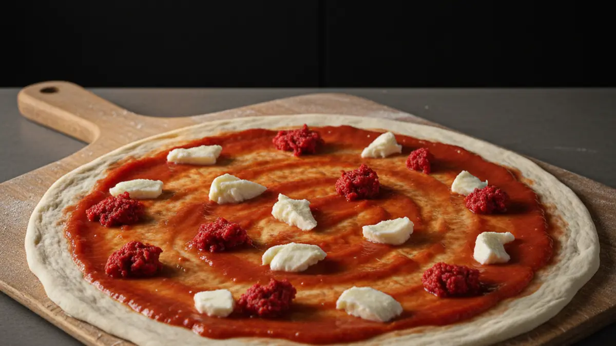 Rauwe pizzabodem belegd met tomatensaus mozzarella en rode toefjes nduja