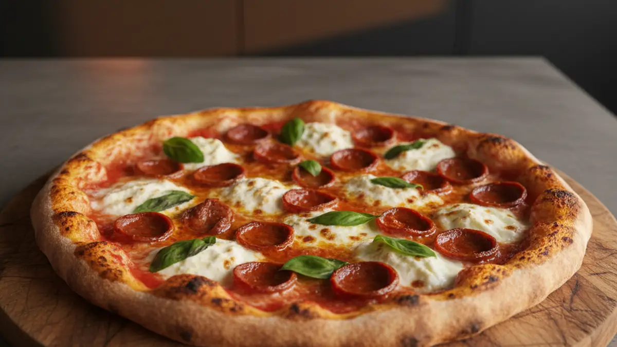 Gebakken nduja pizza gegarneerd met verse stracciatella en basilicum
