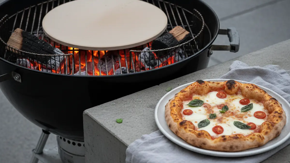 Pizzasteen op een barbecue met indirecte houtskoolopstelling