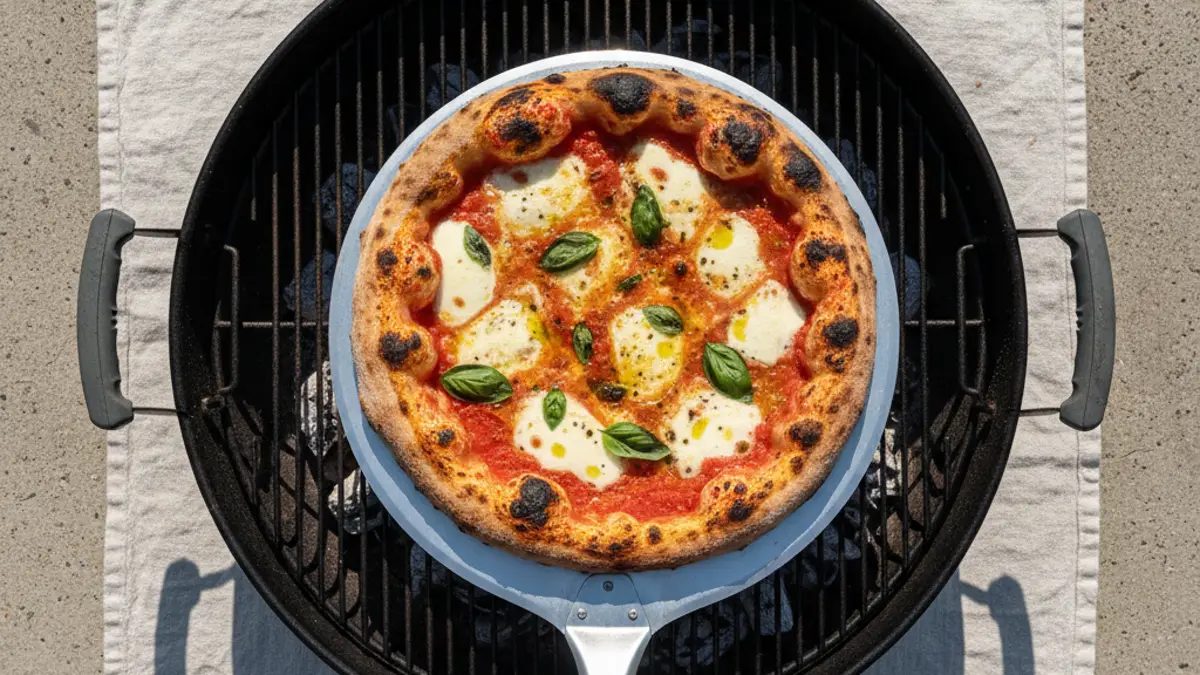 Pizza draaien op een hete pizzasteen in de barbecue