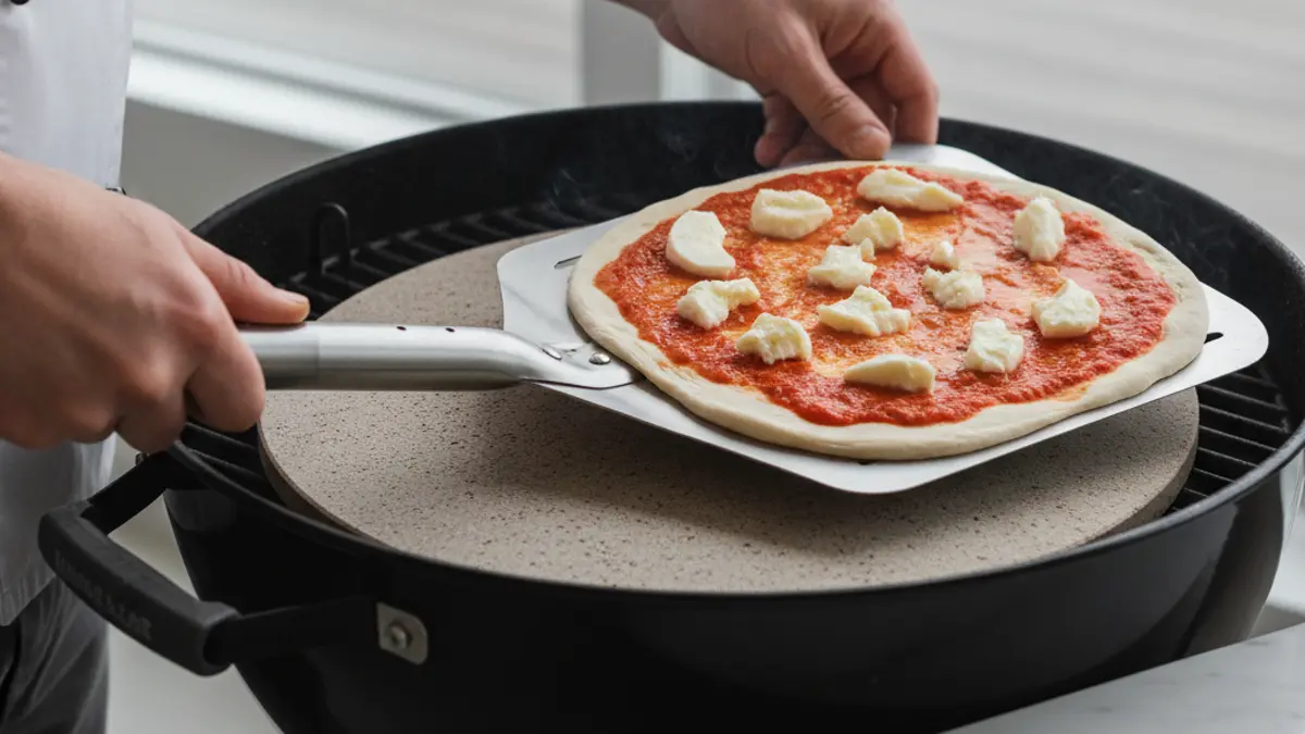 Pizza op de barbecue schuiven met een schep