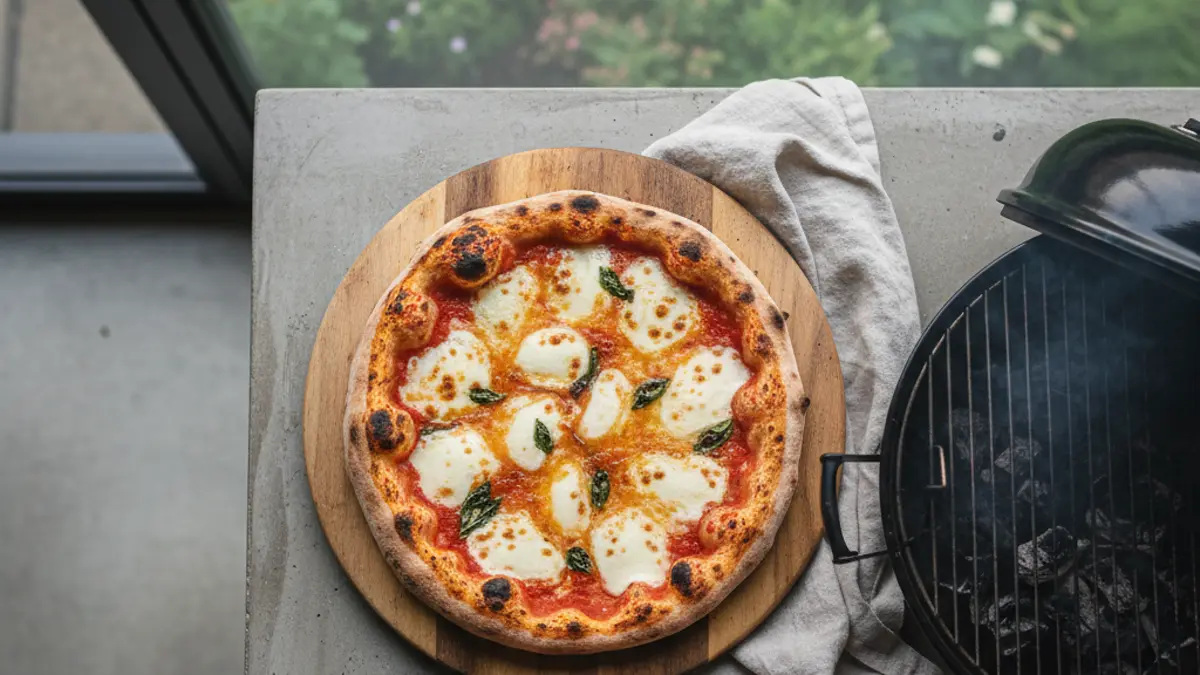 Vers gebakken pizza op de barbecue met luchtige rand