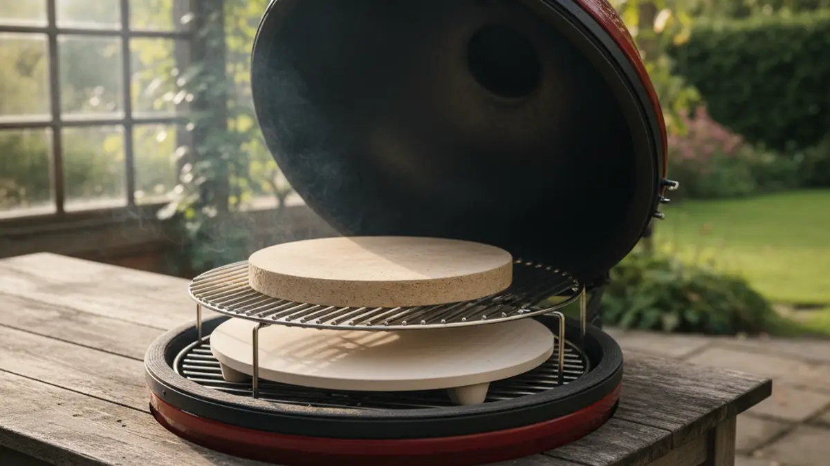 Indirecte opstelling met hitteschild en pizzasteen in een kamado