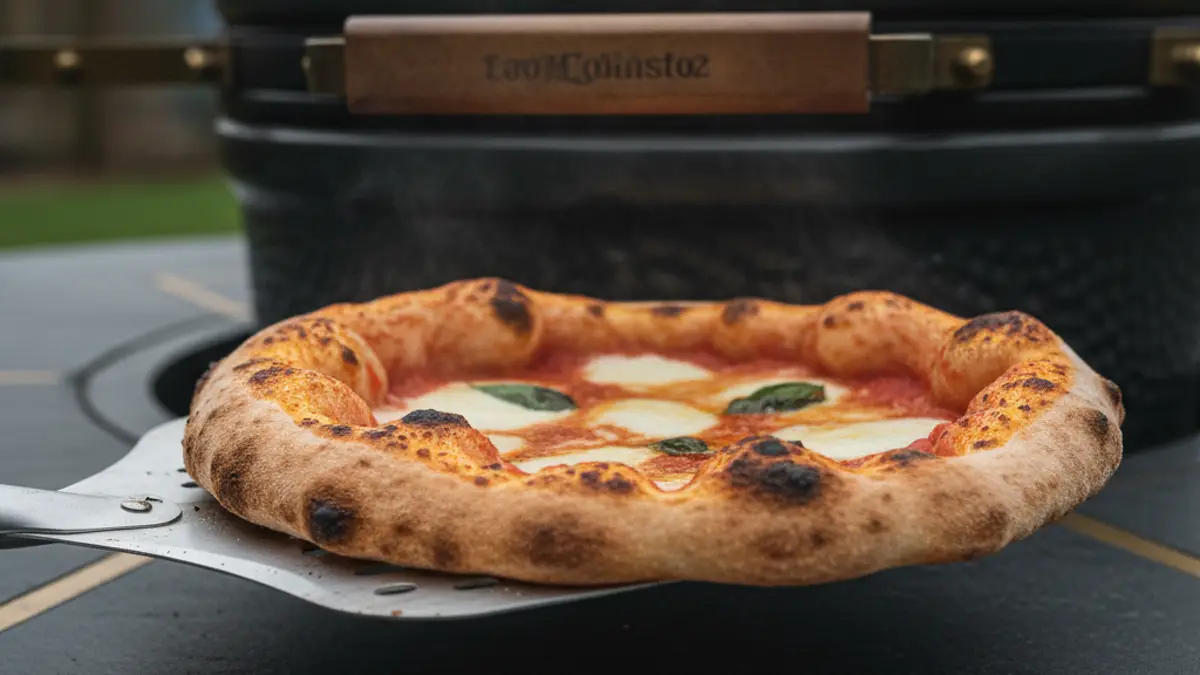 Verse pizza van de pizzasteen halen met een pizzaschep