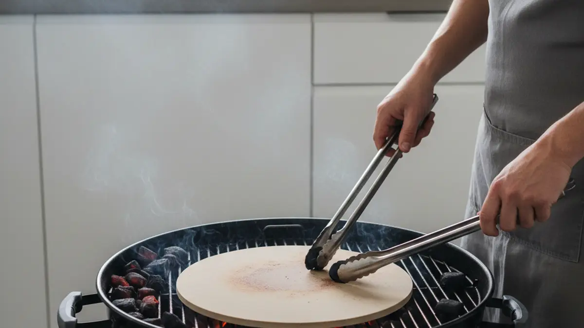 Ronde pizzasteen in het midden van een kogelbarbecue met indirecte kolenopstelling