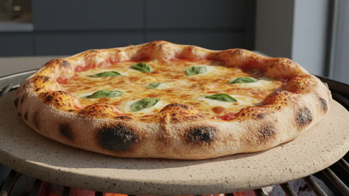 Versgebakken krokante pizza met gesmolten kaas op een hete pizzasteen in een barbecue