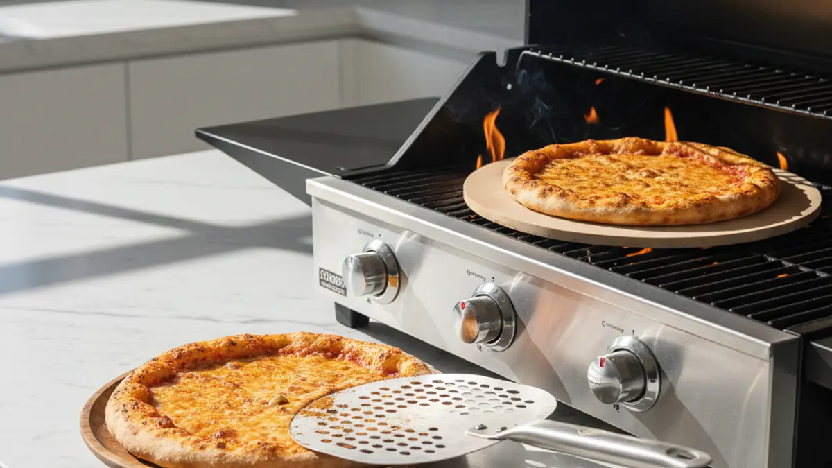 Pizza van de barbecue halen met een metalen schep
