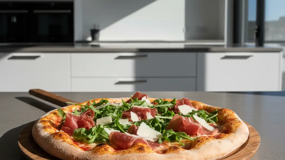 Versgebakken pizza met parmaham en rucola op een houten plank