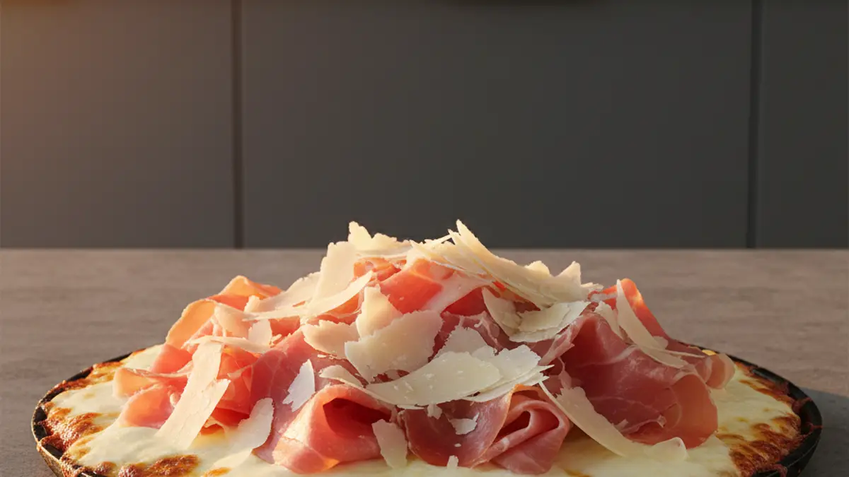 Dichtbij opname van parmaham en parmezaanse kaas op gesmolten mozzarella
