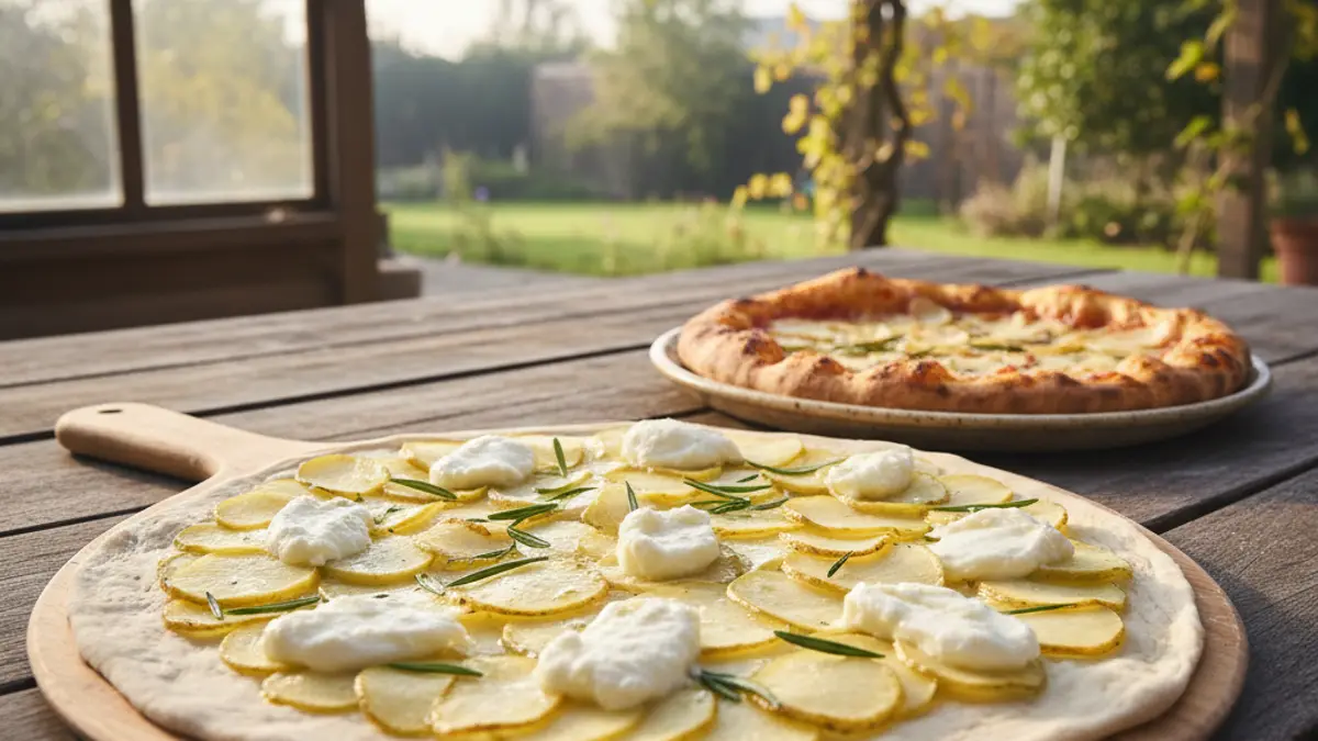 Voorbereiding van pizzadeeg met dunne aardappelschijfjes en rozemarijn