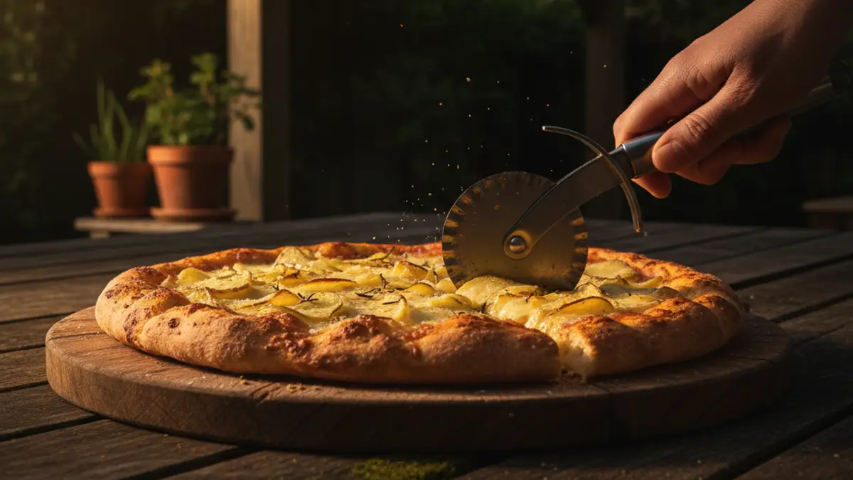 Krokante aardappelpizza wordt aangesneden op een houten plank