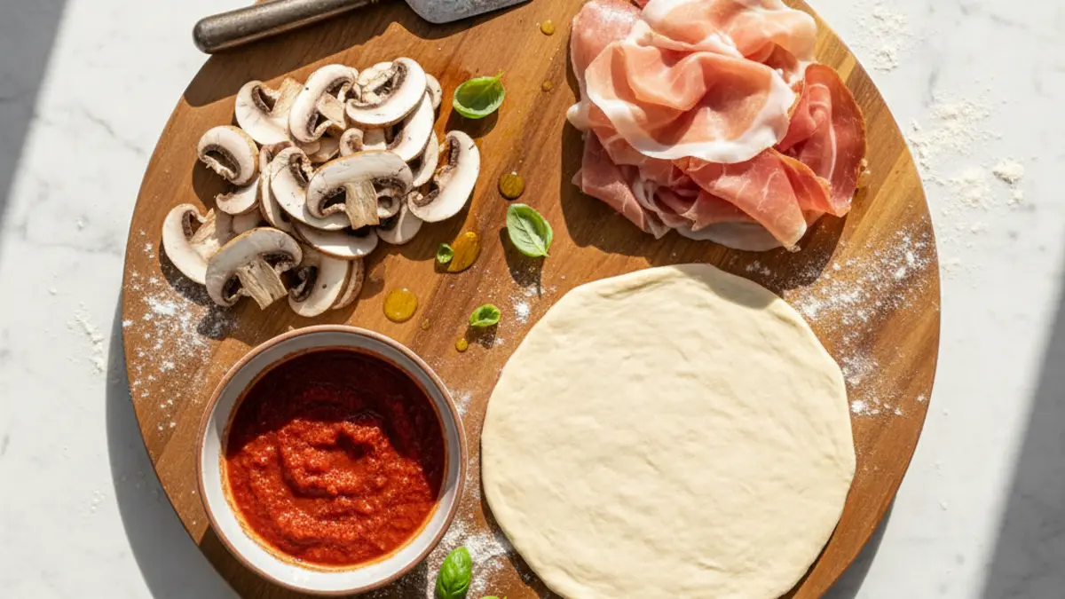 Ingrediënten voor pizza prosciutto e funghi op een houten werkblad