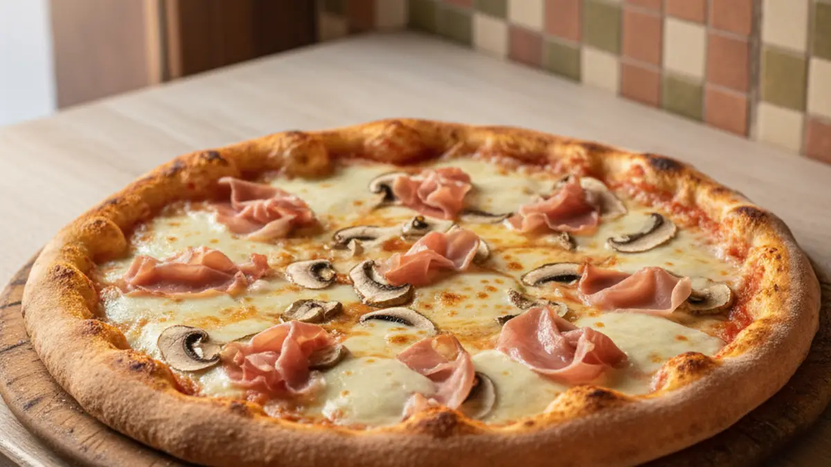 Gebakken pizza prosciutto e funghi met gesmolten mozzarella en champignons