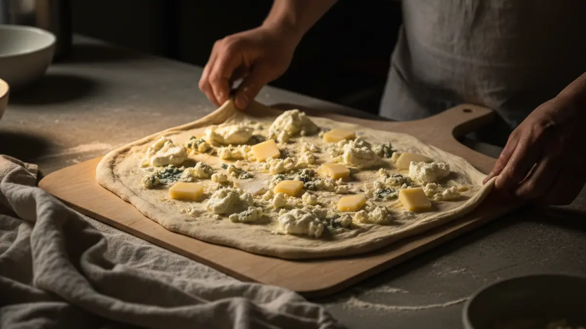 Pizzadeeg op een schep belegd met stukjes gorgonzola en fontina