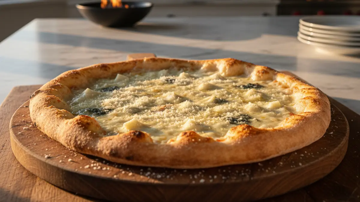 Vers gebakken pizza quattro formaggi met vier gesmolten kazen