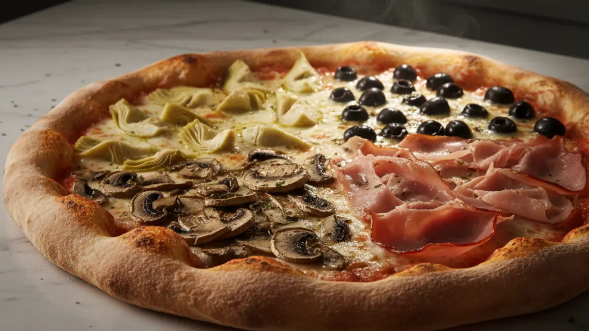 Pizza quattro stagioni verdeeld in vier gelijke seizoenskwarten met artisjok, champignons, ham en zwarte olijven