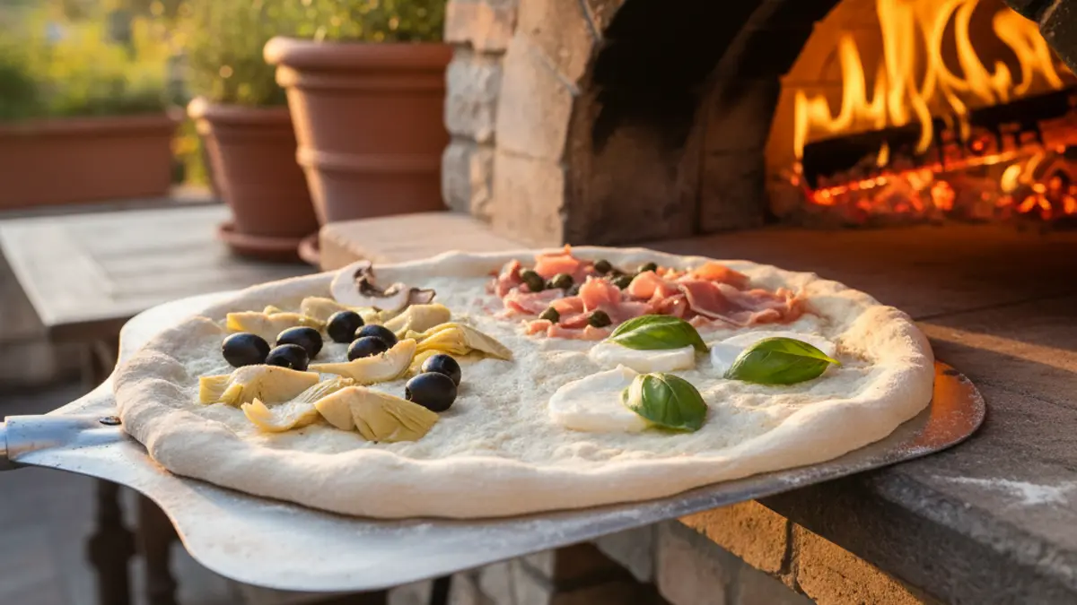 Pizzabakker schuift pizza quattro stagioni met een pizzaschep in een hete pizzaoven