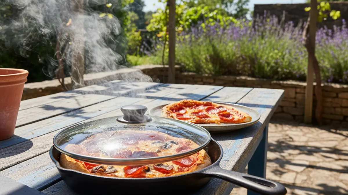 Pizzapunt in een droge koekenpan op het fornuis