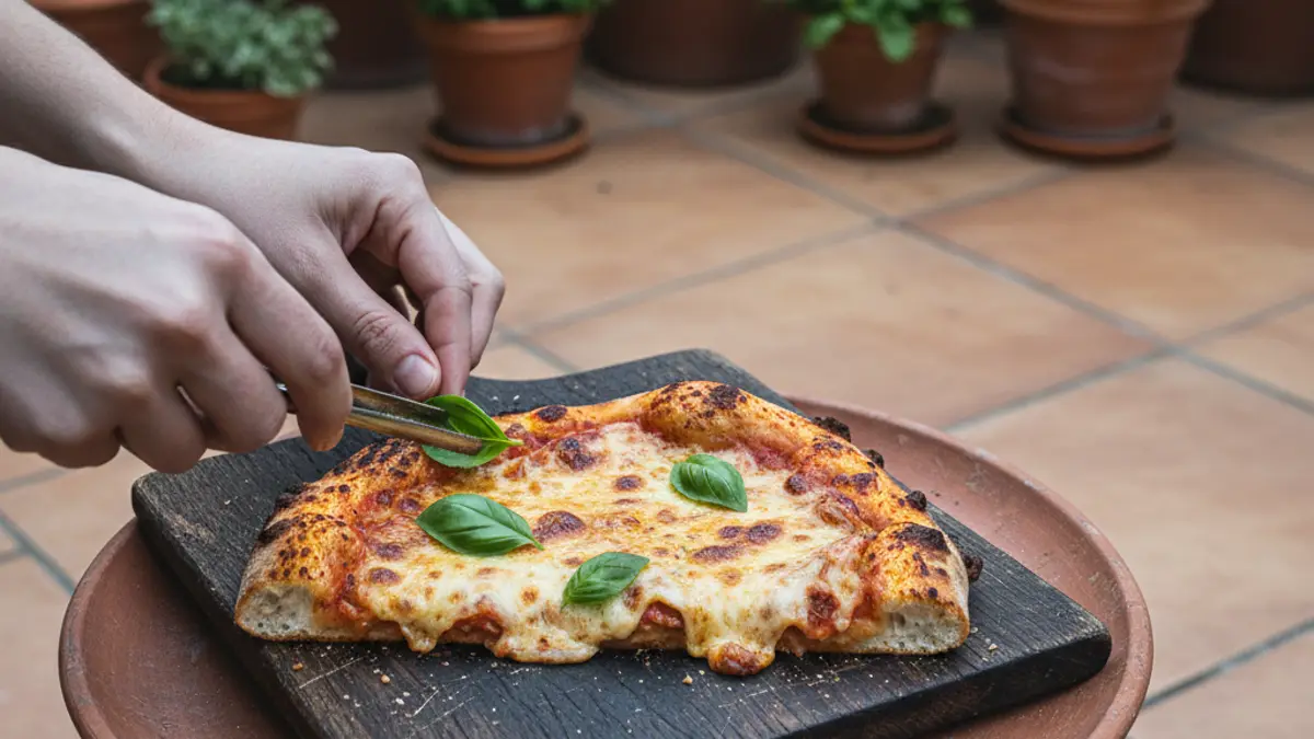 Warme pizzapunt met draden gesmolten kaas uit de pan getild