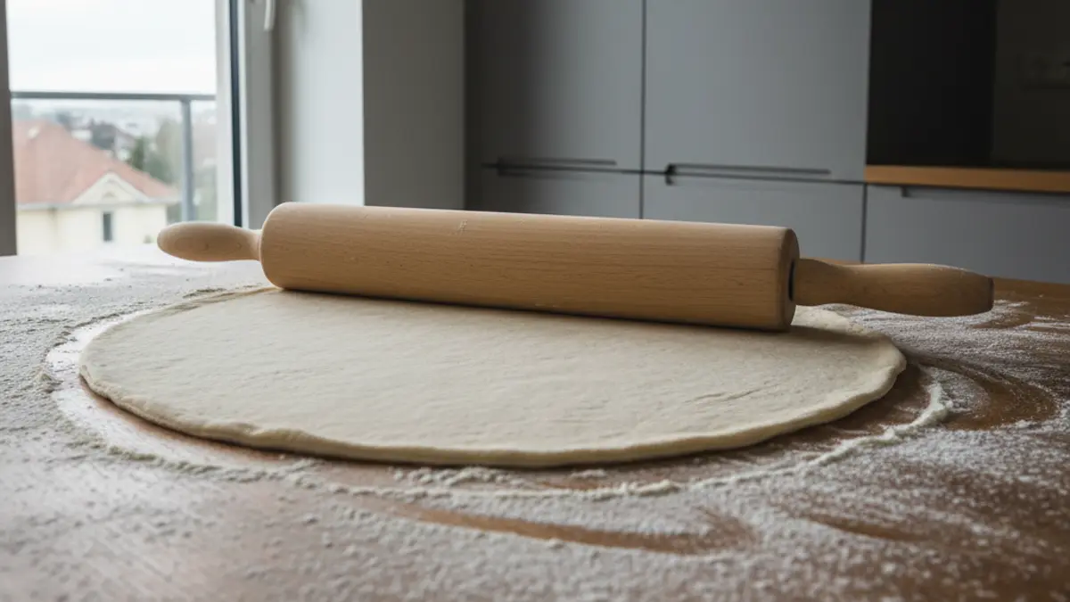 Romeins pizzadeeg uitrollen met een houten deegroller
