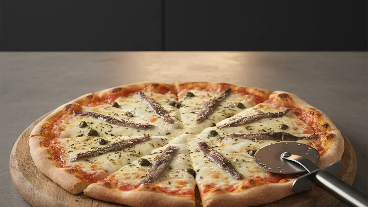 Gebakken pizza romana met ansjovis en kappertjes op een houten plank
