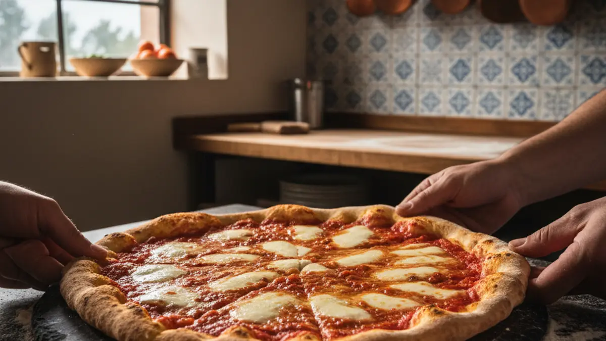 Krokante ronde pizza romana met goudbruine korst op een plank