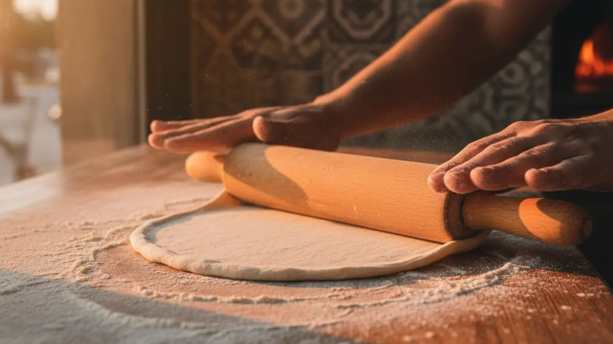 Pizzadeeg flinterdun uitrollen met een houten deegroller