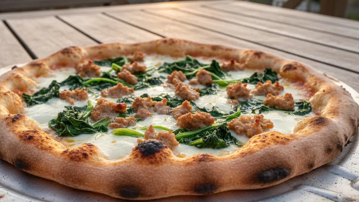 Gebakken salsiccia e friarielli pizza op een pizzaschep