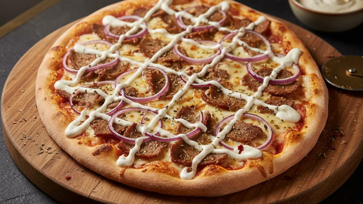 Versgebakken shoarmapizza met knoflooksaus op een houten serveerplank