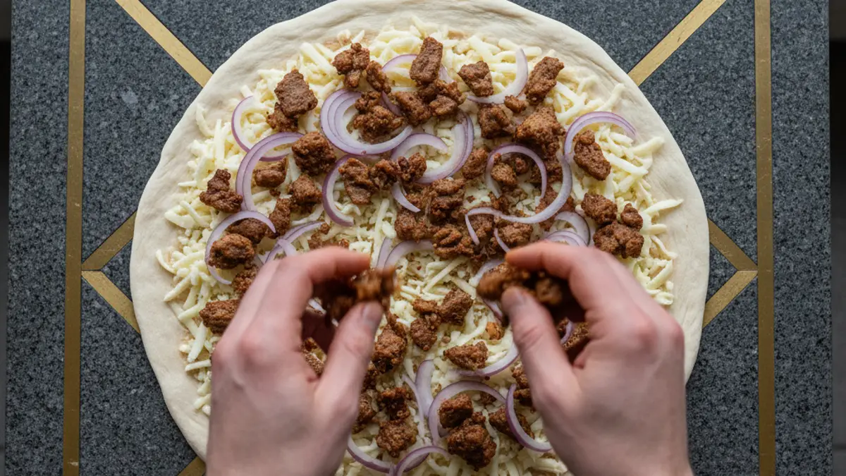 Beleggen van pizzadeeg met gebakken shoarmavlees en uienringen