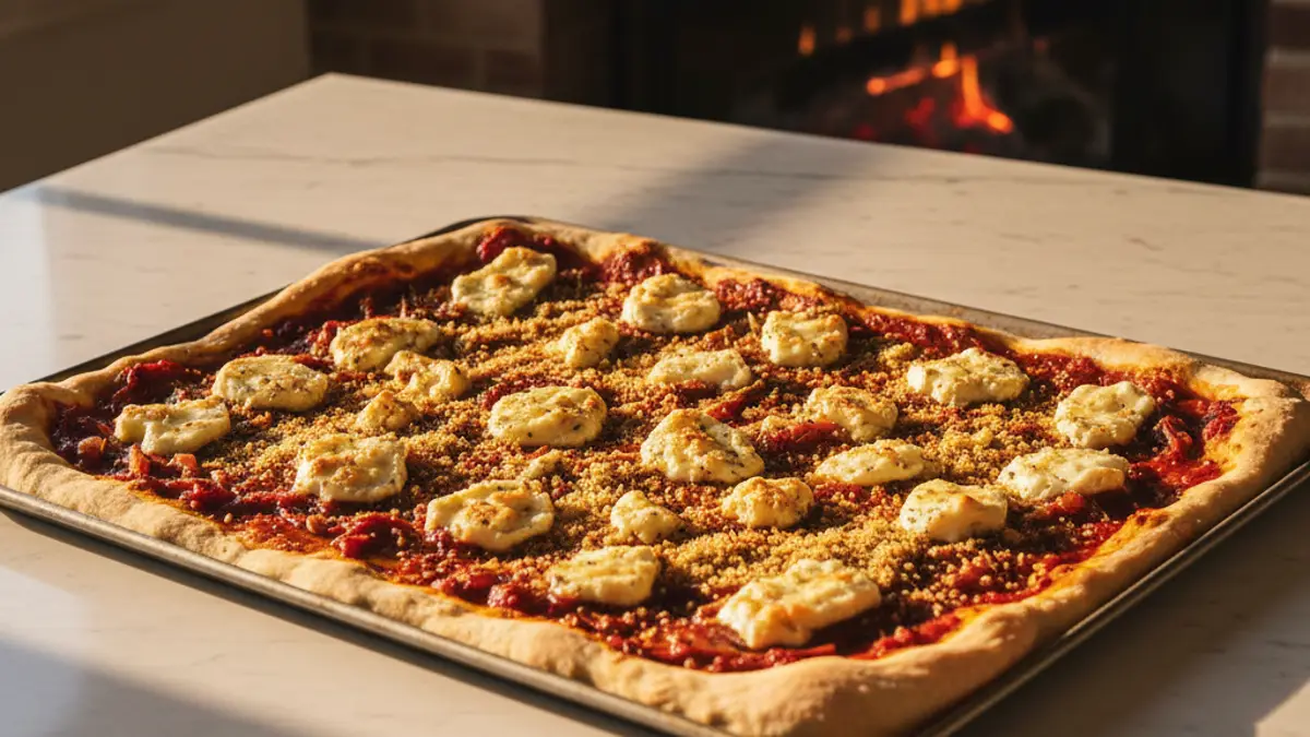 Siciliaanse sfincione op een rechthoekige bakplaat met tomatensaus en broodkruim